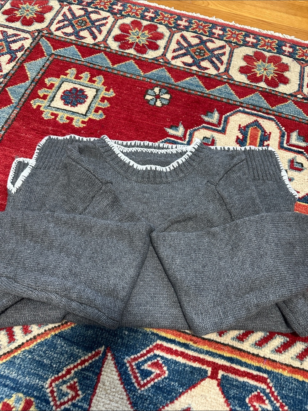 Women's Gray Crewneck Sweater with White Trim